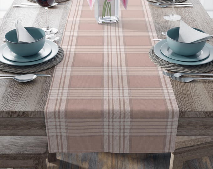 Blush Tartan Plaid Spring/Summer Table Runner | Preppy Stripe Pattern Tablescape Decor (16"x90")