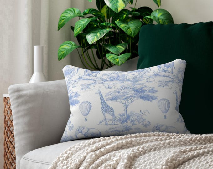 Blue Safari Toile Lumbar Pillow | Giraffe Elephant Hot Air Balloon Pattern