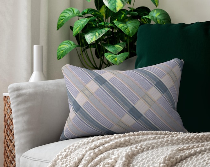 Blue Grey Plaid Diagonal Lumbar Pillow | Striped Pattern Throw Pillow