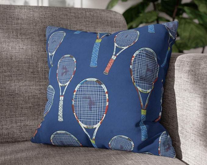 Tennis Rackets Pattern Square Pillow | Blue Sports Cushion | 18"x18"