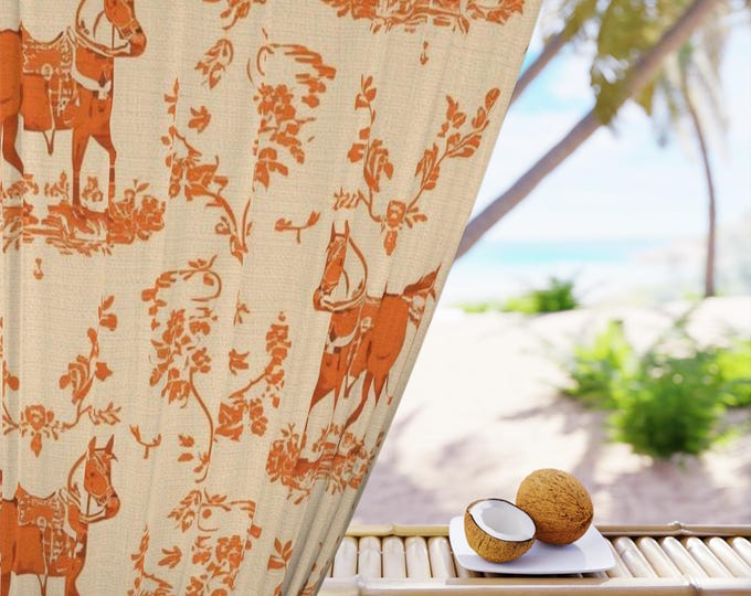 Rust Horse Toile Pattern Window Curtain | Single Panel, Equestrian Floral