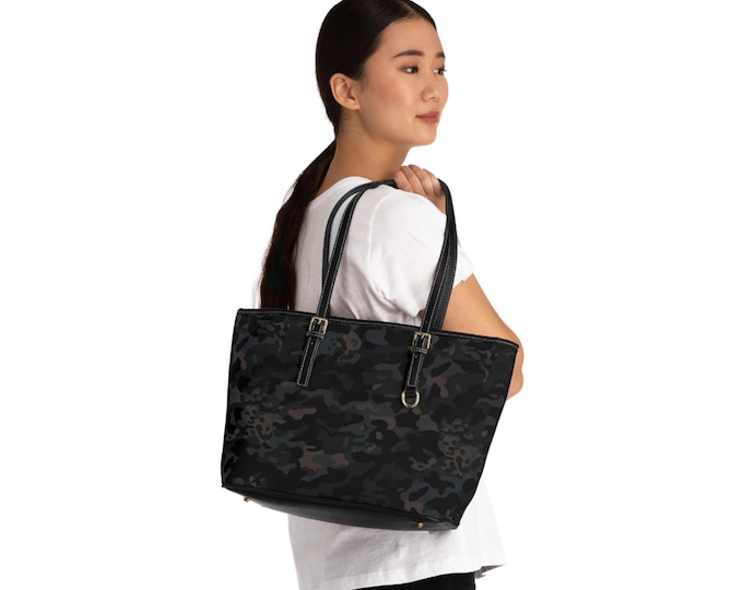 Black Camo Tote Bag | PU Leather Shoulder Bag, Urban Military Pattern | 16"x10"
