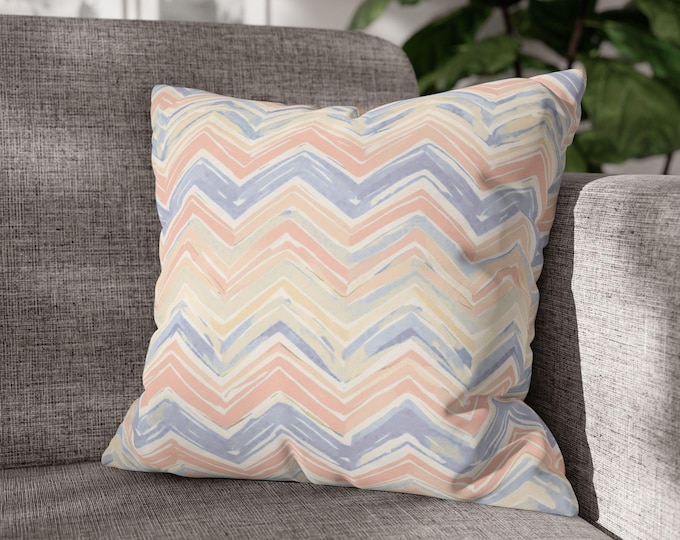 Pastel Chevron Pattern Square Throw Pillow | Pink Blue Neutral Zigzag Canvas Accent Cushion (18"x18")