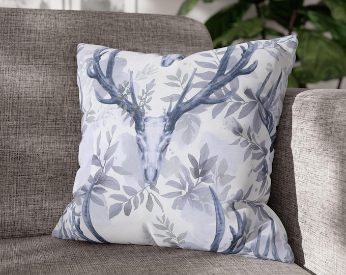 Watercolor Deer Skull Throw Pillow | Square Poly Canvas Pillow, Neutral Woodland Decor Accent Cushion (18"x18")