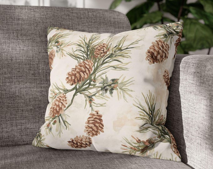 Watercolor Pinecone Pattern Throw Pillow | Neutral Botanical Canvas Accent Cushion (18"x18")