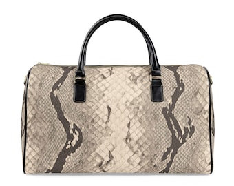 Neutral Snake Skin Leather Travel Bag | Weekend Duffle, Faux Python Print