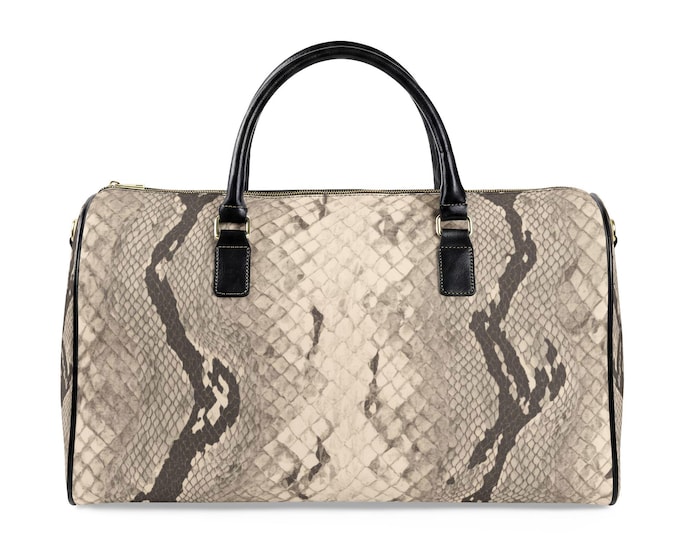 Neutral Snake Skin Leather Travel Bag | Weekend Duffle, Faux Python Print