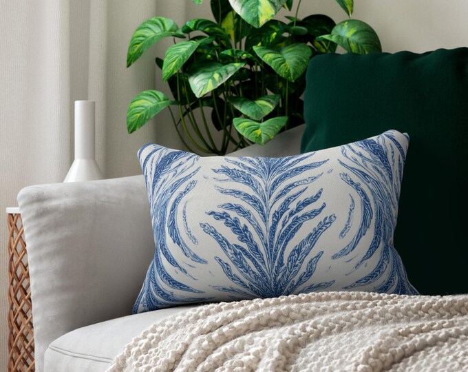 Blue Fern Pattern Lumbar Pillow | Coastal Botanical Throw Pillow