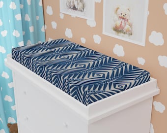 Indigo Geometric Leaves Baby Changing Pad Cover | Navy Fitted Cover