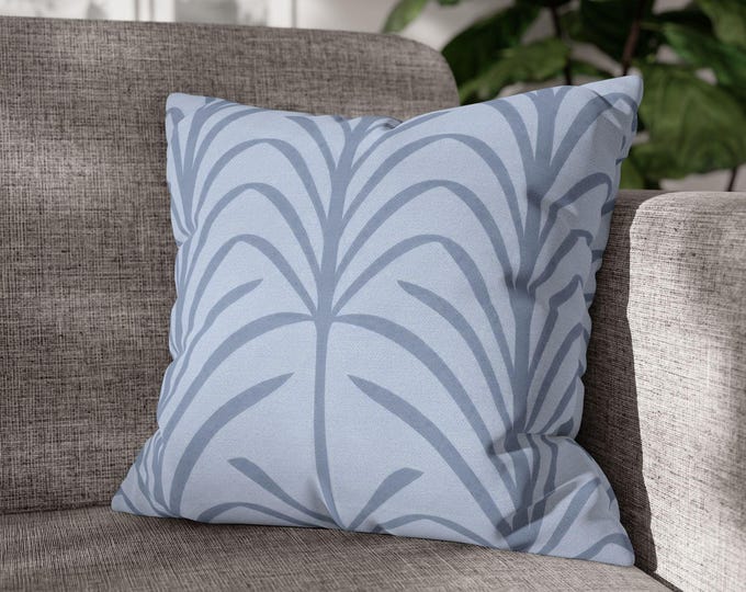 Blue Palm Leaf Pattern Throw Pillow | Coastal Botanical Square Canvas Accent Cushion (18"x18")
