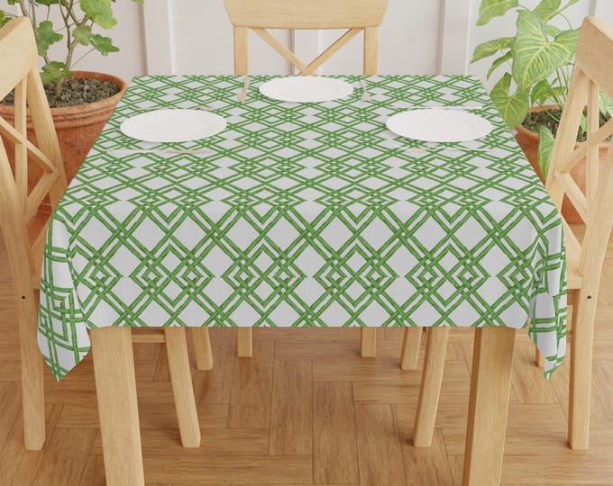 Green Geometric Lattice Tablecloth | Square Pattern Table Linen