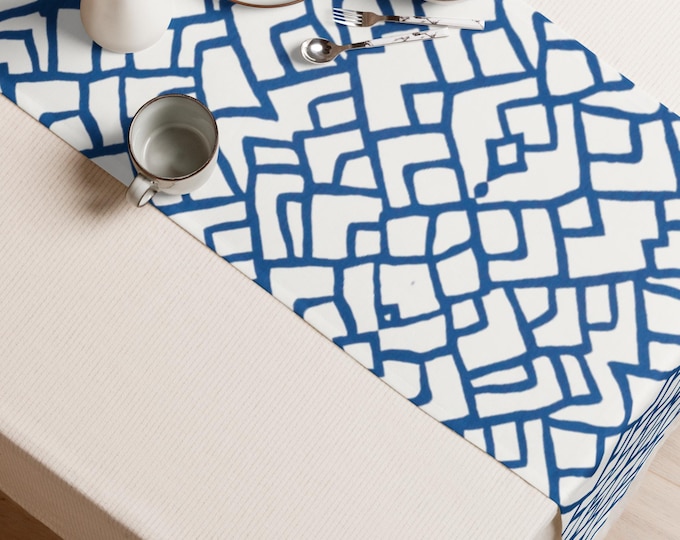 Navy & White Geometric Table Runner | Preppy Coastal Dining Accent 90x16