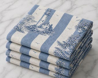 Blue and White Coastal Equestrian Toile Napkin Set of 4, Stripe Cloth Napkins, Hamptons Table Linens, Horse Lover Dining Decor