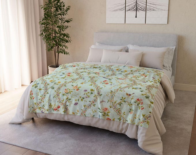 Preppy Green Floral Trellis Throw Blanket 50x60 | Soft Neutral Coastal Blanket, Coordinating Home Decor