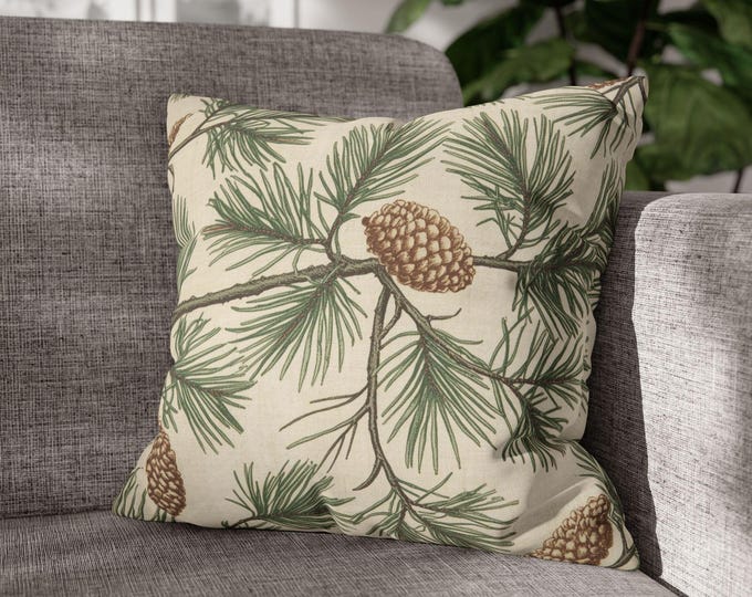 Pine Cone Branches Square Poly Canvas Throw Pillow | Rustic Botanical Accent Cushion (18"x18")