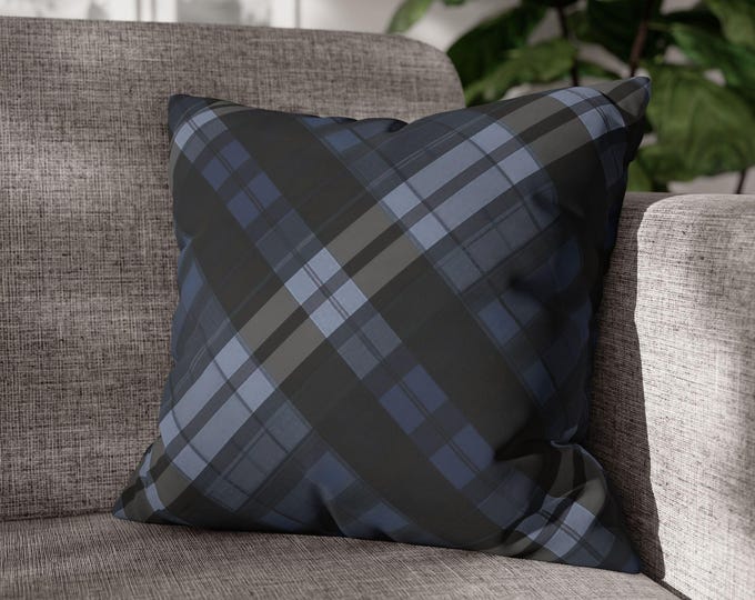 Blue Black Tartan Plaid Square Poly Canvas Throw Pillow | Preppy Stripe Pattern Home Decor Accent Cushion (18"x18")