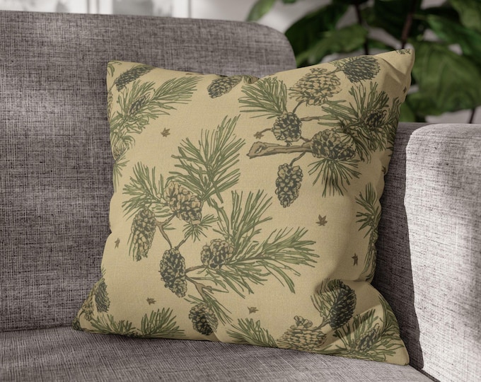 Pinecone Branches Throw Pillow | Botanical Pinecone Pattern Canvas Accent Cushion (18"x18")