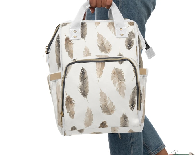 Neutral Feather Pattern Diaper Backpack | Boho Feather Print Baby Bag