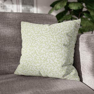 Green & White Micro Vine Leaf Pattern Square Throw Pillow | Floral Botanical Cozy Decorative Accent Cushion (18"x18")