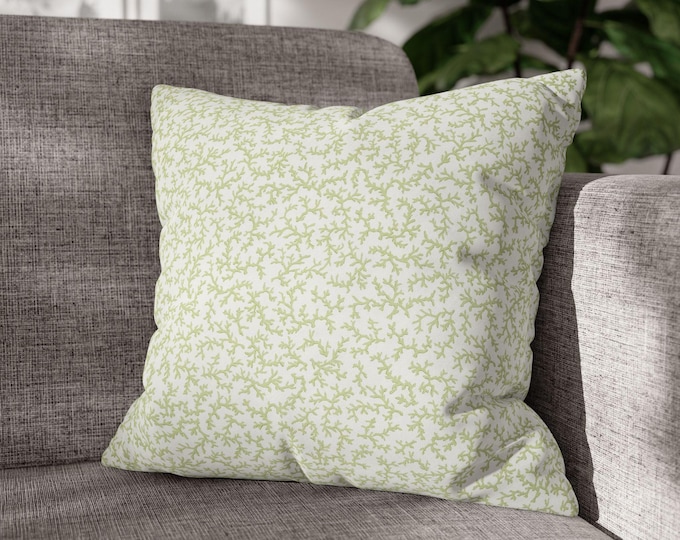 Green & White Micro Vine Leaf Pattern Square Throw Pillow | Floral Botanical Cozy Decorative Accent Cushion (18"x18")