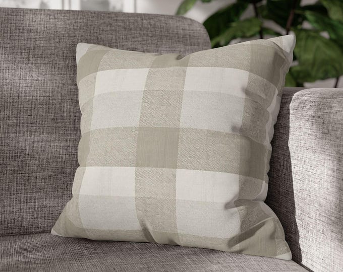 Beige Buffalo Check Throw Pillow | Square Poly Canvas Cozy Accent Cushion (18"x18")
