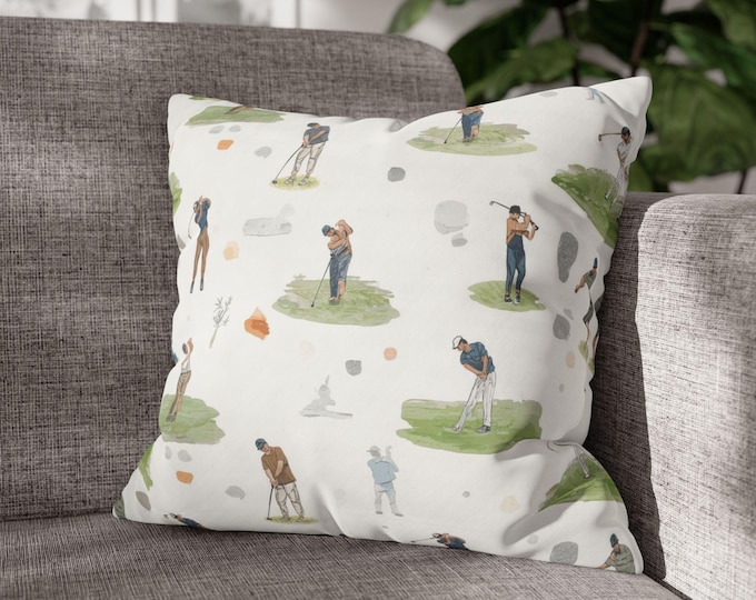 Golf Players Pattern Square Throw Pillow | Golfing Course Accent Cushion | 18"x18"