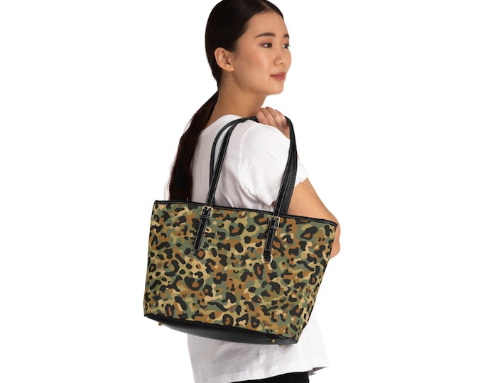 Leopard Camo Shoulder Bag | PU Leather Tote, Animal Print Handbag | 16"x10"