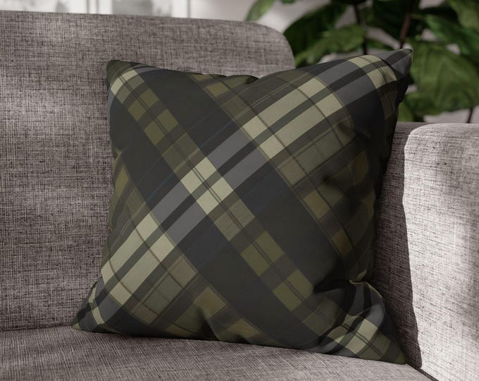 Olive Green Tartan Plaid Square Throw Pillow | Poly Canvas Accent Cushion | Preppy Lodge Home Decor (18"x18")