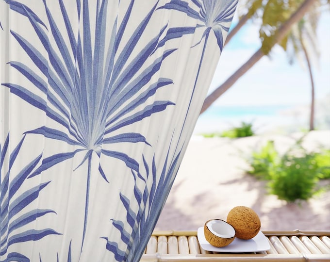 Blue Palm Leaf Pattern Window Curtain | Single Panel, Botanical Sheer