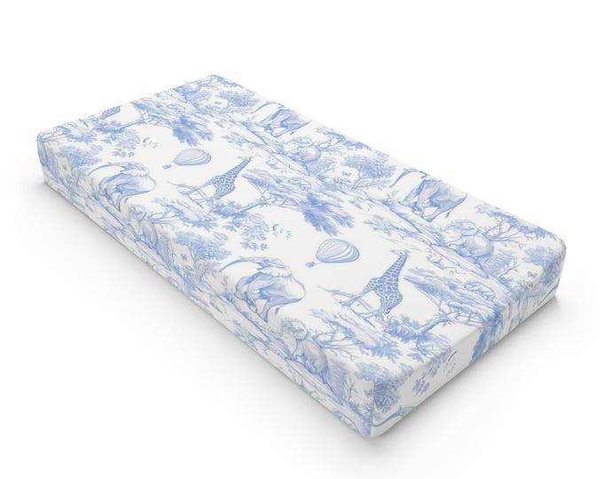 Blue Toile Nursery Animals Baby Changing Pad Cover | Giraffe, Elephant Pattern