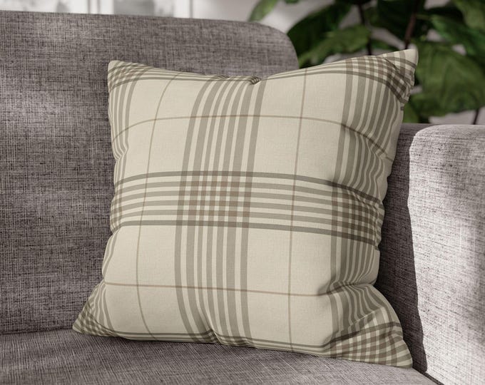 Neutral Plaid Throw Pillow | Square Poly Canvas Accent Cushion (18"x18")