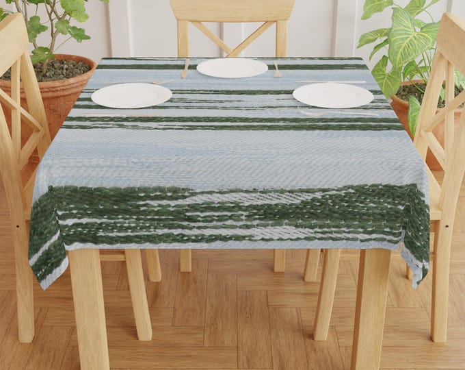 Green Brushstroke Stripe Tablecloth | Coastal Striped Table Linen