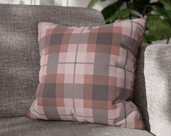 Blush Tartan Plaid Square Throw Pillow | Pink Gray Poly Canvas Cozy Accent Cushion | Preppy Cabin Lodge Home Decor (18"x18")