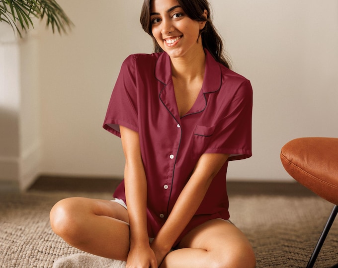 Bordeaux Burgundy Luxury Solid Short Sleeve Pajama Top – Silky Relaxed Fit Women’s Sleepwear | Coastal Preppy Loungewear | Matching Family