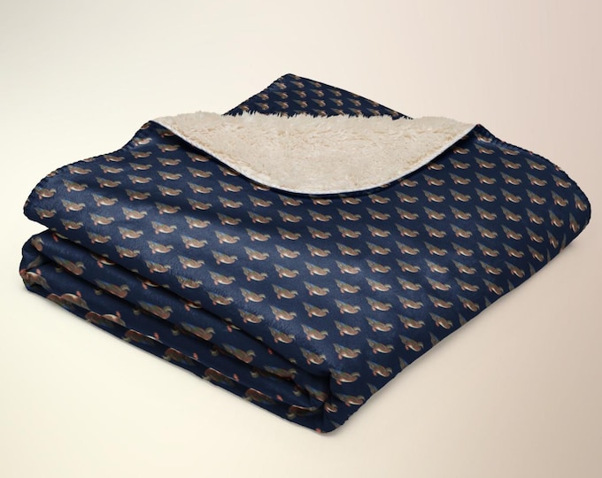 Mallard Reserve Newport Navy Duck Print Sherpa Blanket 50x60 | Luxury Heritage Estate Throw | Cozy Country Club Home Décor
