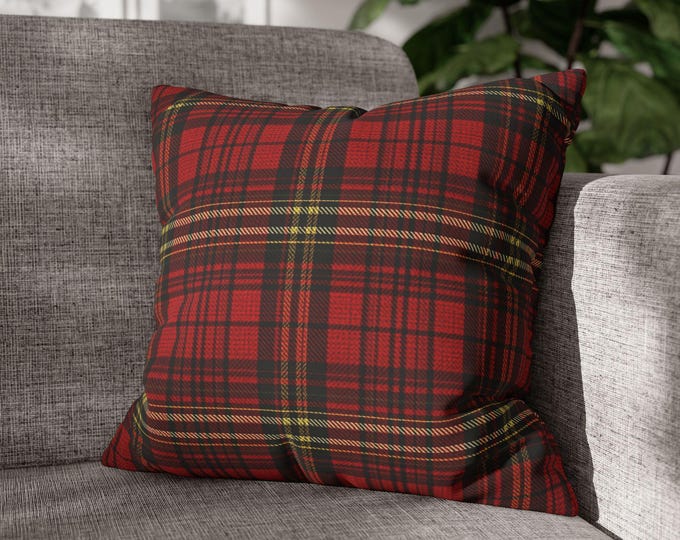 Red Tartan Plaid Square Throw Pillow | Preppy Buffalo Check | Poly Canvas Cozy Accent Cushion, Cabin Lodge Home Decor (18"x18")