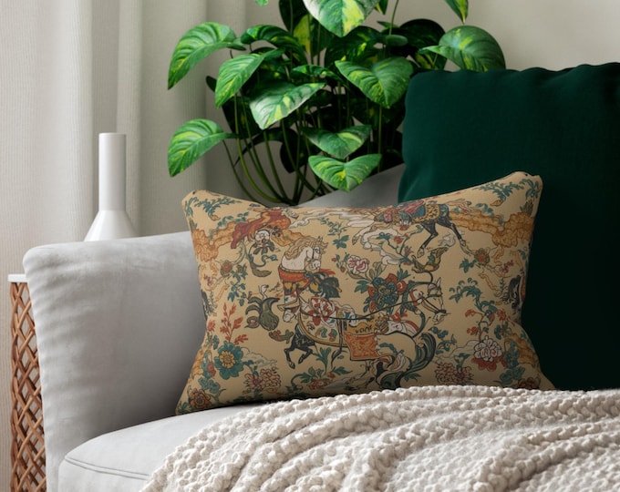 Vintage Floral Equestrian Tapestry Lumbar Pillow