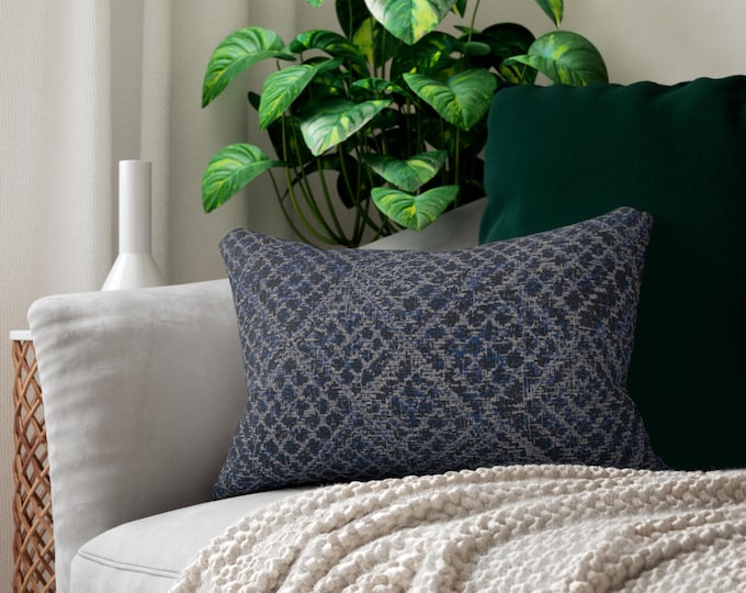 Blue Ikat Pattern Lumbar Pillow | Textured Geometric Throw Pillow