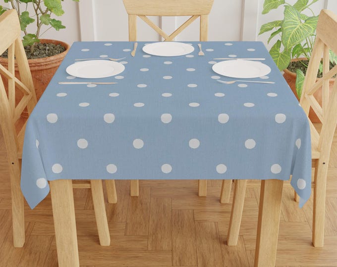 Blue Polka Dot Tablecloth | Light Blue White Dotted Table Cover