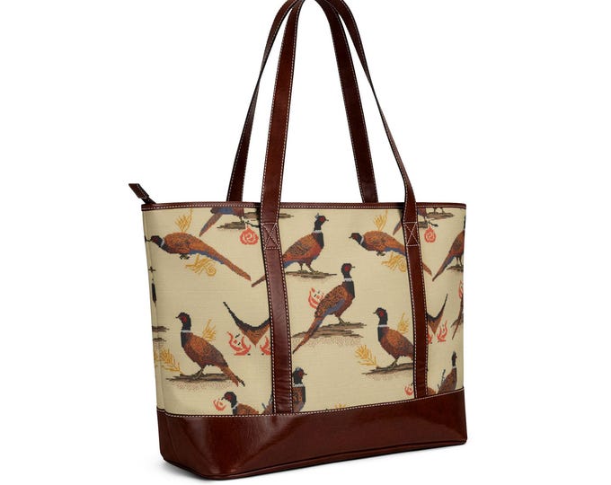 Pheasant Pattern Handbag | Vintage Game Bird Tote, Brown Trim