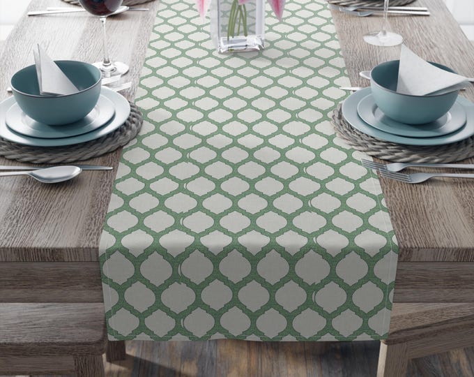 Preppy Trellis Pattern Table Runner | 16"x90" Green & White Matching Table Linens | Elegant Dining Accent
