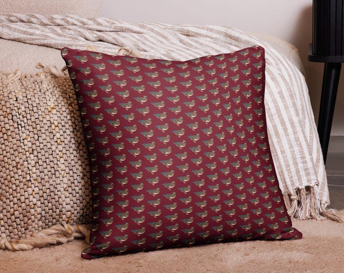 Mallard Duck Print Pillow | Burgundy Equestrian Country Cushion
