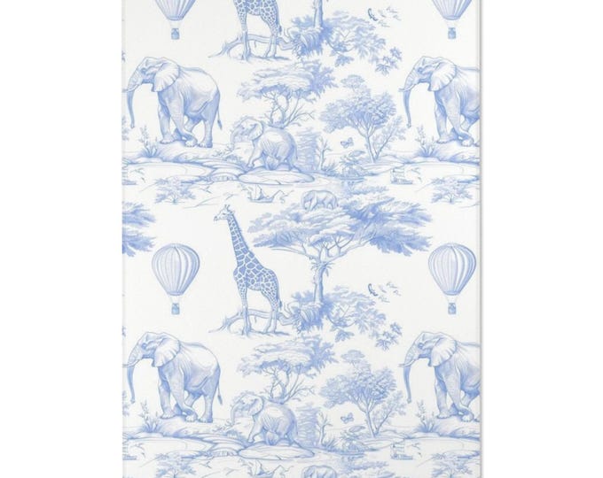 Blue & White Safari Toile Area Rug | Elephant Giraffe Hot Air Balloon Print (48"x72")