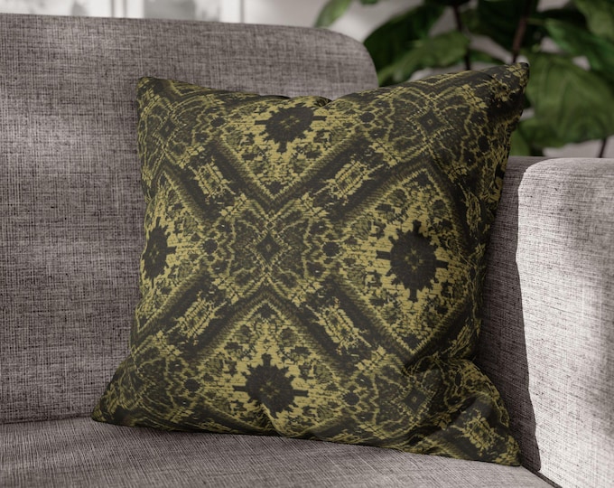 Vintage Ornate Green Damask Pattern Pillow | Moss Gold Square Poly Canvas Accent Cushion (18"x18")