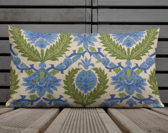 Blue & Green Botanical Lumbar Pillow 12x20 | Vintage Floral Cottage Garden Accent