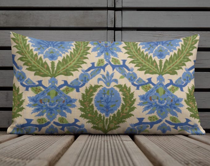 Blue & Green Botanical Lumbar Pillow 12x20 | Vintage Floral Cottage Garden Accent