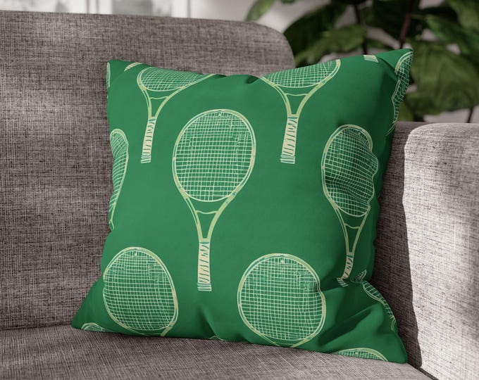 Vintage Tennis Racket Pattern Square Pillow | Sports Decor, Green Court | 18"x18"