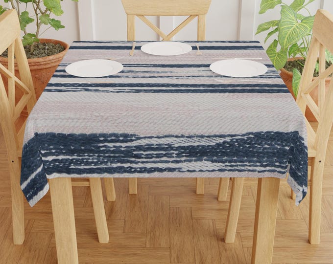Striped Brushstroke Blue Pink Tablecloth | Coastal Farmhouse Dining Table Linen