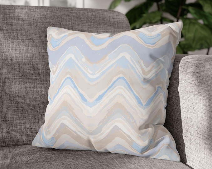 Blue Beige Chevron Wave Square Throw Pillow | Coastal Chevron Canvas Accent Cushion (18"x18")