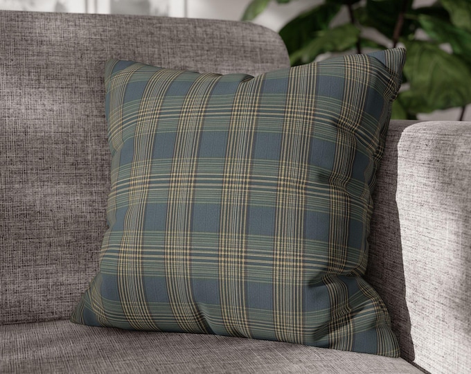 Blue Green Tartan Plaid Square Throw Pillow | Preppy Stripe Pattern Home Decor | Cozy Poly Canvas Accent Cushion (18"x18")
